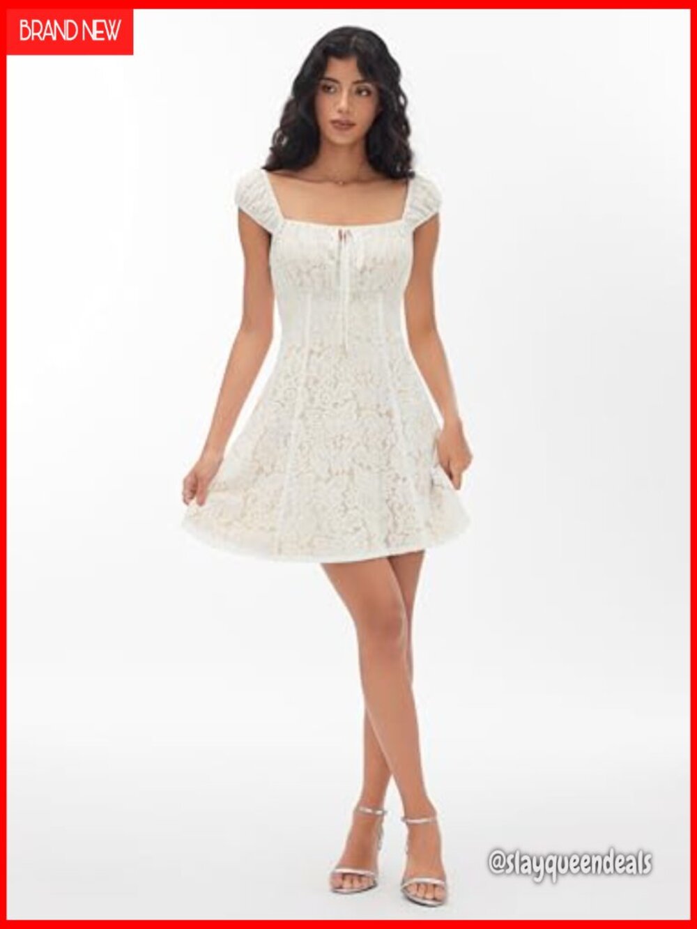 Lace Mini Dress Square Neck Short Puff Sleeve A Line Cocktail Party - Picture 2 of 6